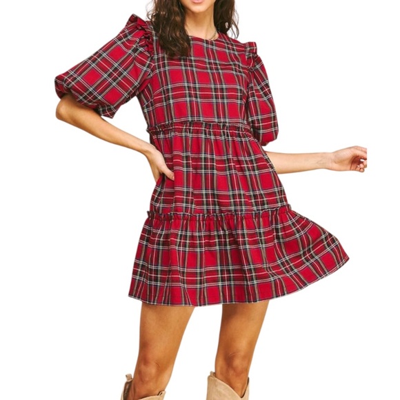 Tartan Plaid Tiered Ruffle Puff Sleeve Dress - Picture 2 of 11